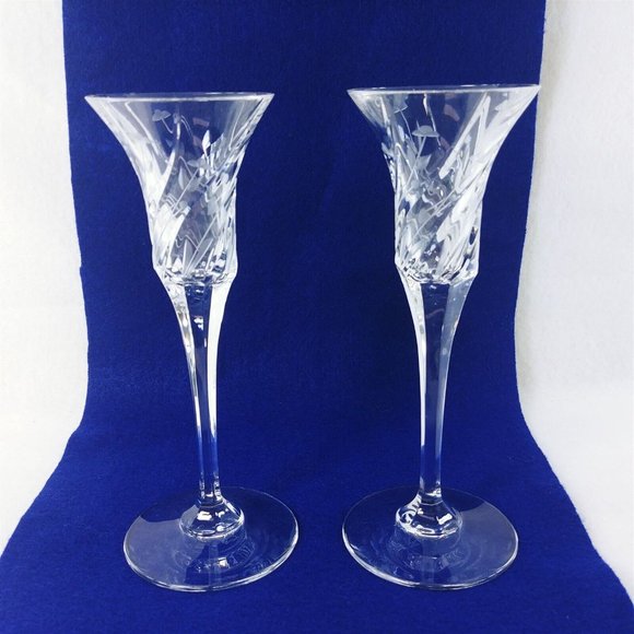Sherry Cordial Glass Crystal Swirl Etched Floral Design Candleholder Set of 2 - Picture 6 of 7